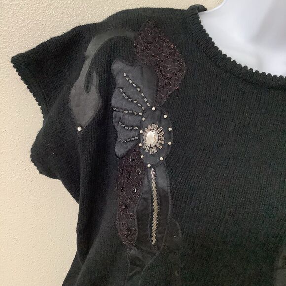 Vintage 90s Christina Embellished Rhinestone Knit Patchwork Pullover Sweater OS - Picture 2 of 10